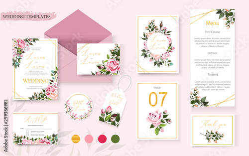 Wedding floral golden invitation card save the date rsvp table menu design