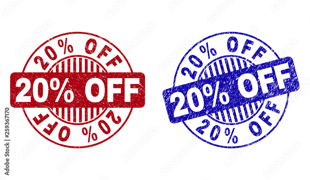 Grunge 20 Percents OFF round stamp seals isolated on a white background. Round seals with grunge texture in red and blue colors. Vector rubber imprint of 20 Percents OFF label inside circle form with Grunge 20 Percents OFF round stamp seals isolated on a white background. Round seals with grunge texture in red and blue colors. Vector rubber imprint of 20 Percents OFF label inside circle form with