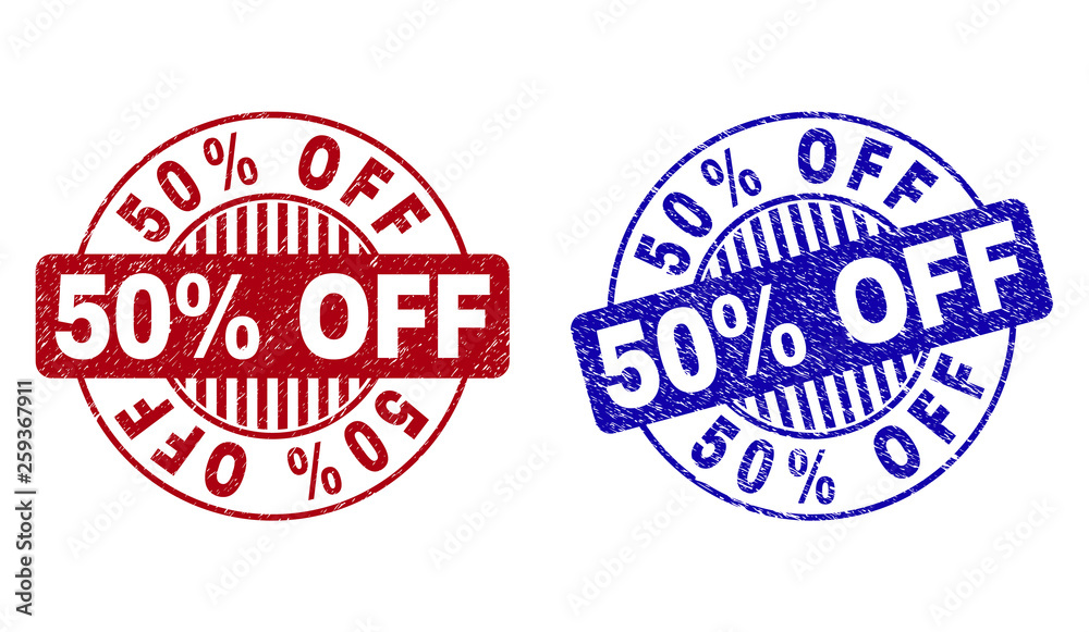 Grunge 50 Percents OFF round stamp seals isolated on a white background. Round seals with grunge texture in red and blue colors. Vector rubber imitation of 50 Percents OFF text inside circle form with Grunge 50 Percents OFF round stamp seals isolated on a white background. Round seals with grunge texture in red and blue colors. Vector rubber imitation of 50 Percents OFF text inside circle form with