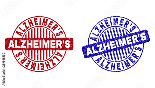 Grunge ALZHEIMER S round stamp seals isolated on a white background. Round seals with grunge texture in red and blue colors. Vector rubber watermark of ALZHEIMER S tag inside circle form with stripes.