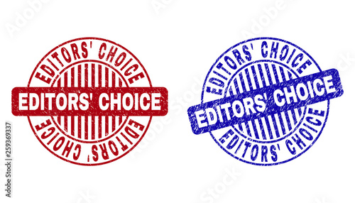 Grunge EDITORS  CHOICE round stamp seals isolated on a white background. Round seals with grunge texture in red and blue colors.