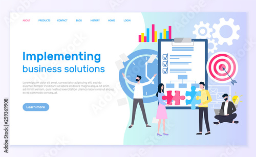 Implementing business solutions vector, teamwork and plan on notepad with check marks. Charts and target with arrow, male and female entrepreneurs