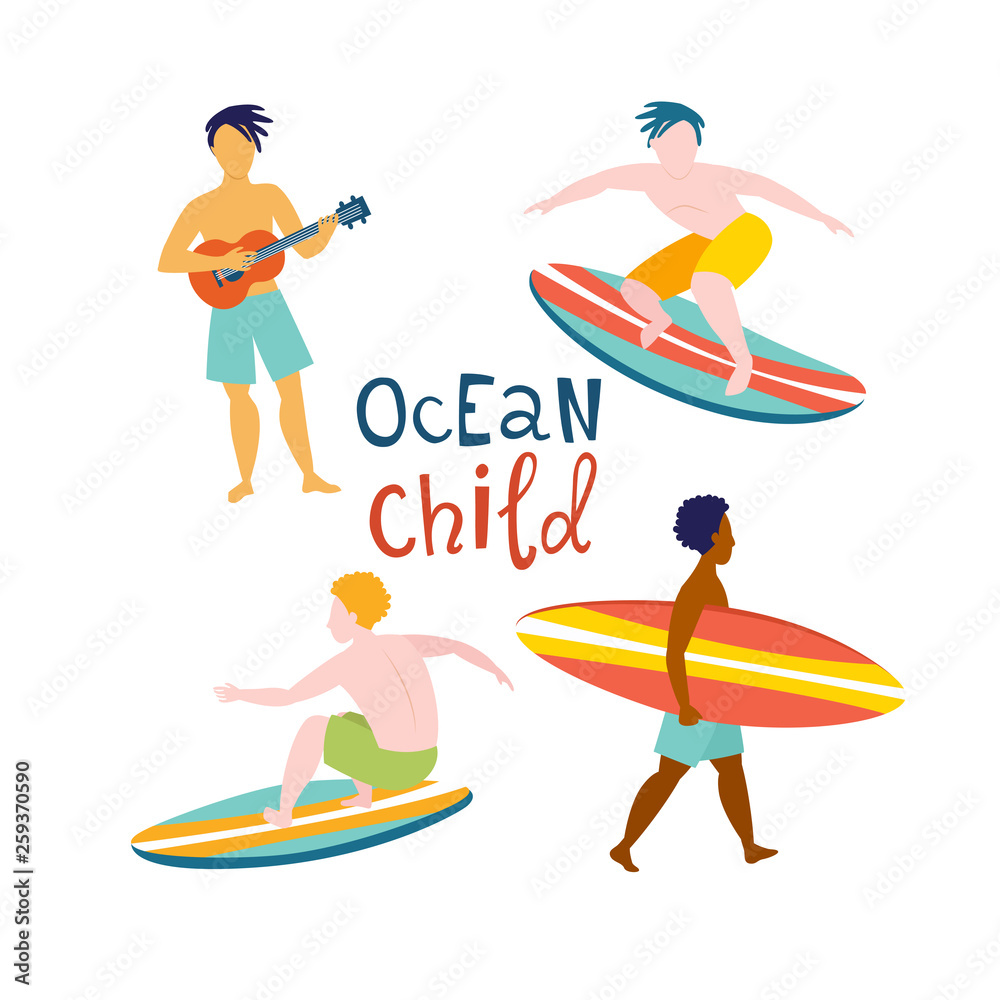 Surfing guys on the surfboards catching waves in the ocean. Surfing guys on the surfboards catching waves in the ocean.