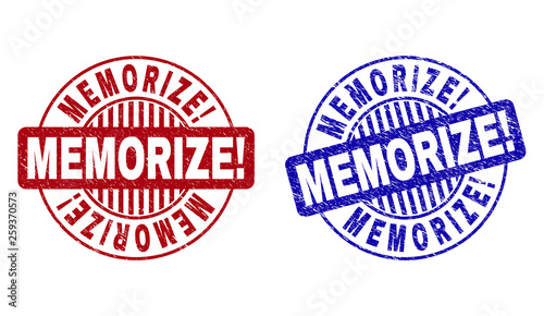 Grunge MEMORIZE Exclamation round stamp seals isolated on a white background. Round seals with distress texture in red and blue colors. Vector rubber overlay of MEMORIZE Exclamation caption inside