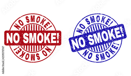 Grunge NO SMOKE Exclamation round stamp seals isolated on a white background. Round seals with grunge texture in red and blue colors. Vector rubber imitation of NO SMOKE Exclamation text inside circle