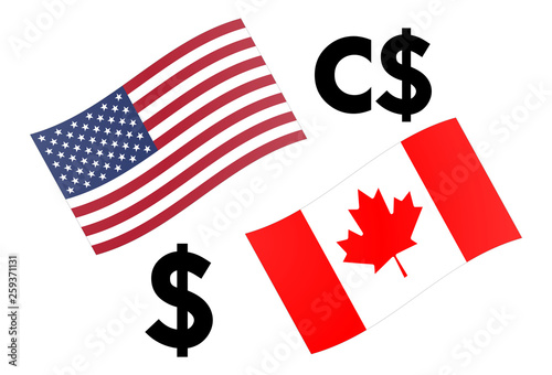 USDCAD forex currency pair vector illustration. US and Canadia flag, with Dollar symbol.