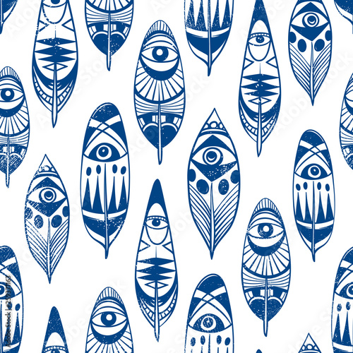 Seamless Pattern with Feathers with Native American Ornament, Shabby Textured