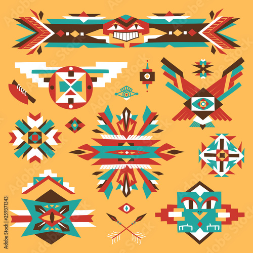 Tribal and Traditional Native American Ornaments Drawing Vector Set