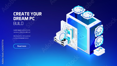 Gaming, workstation and mining computer isometric illustration, custom assembly computer components for workstation, pc store and service