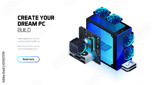 Gaming, workstation and mining computer isometric illustration, custom assembly computer components for workstation, pc store and service