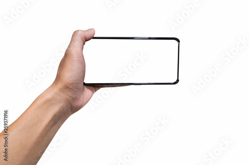 hand of a man holding a black smartphone with a blank white screen. isolated on white background. clipping path. illustration