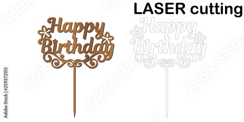 Sign 'Happy birthday' cake topper for laser or milling cut. photo