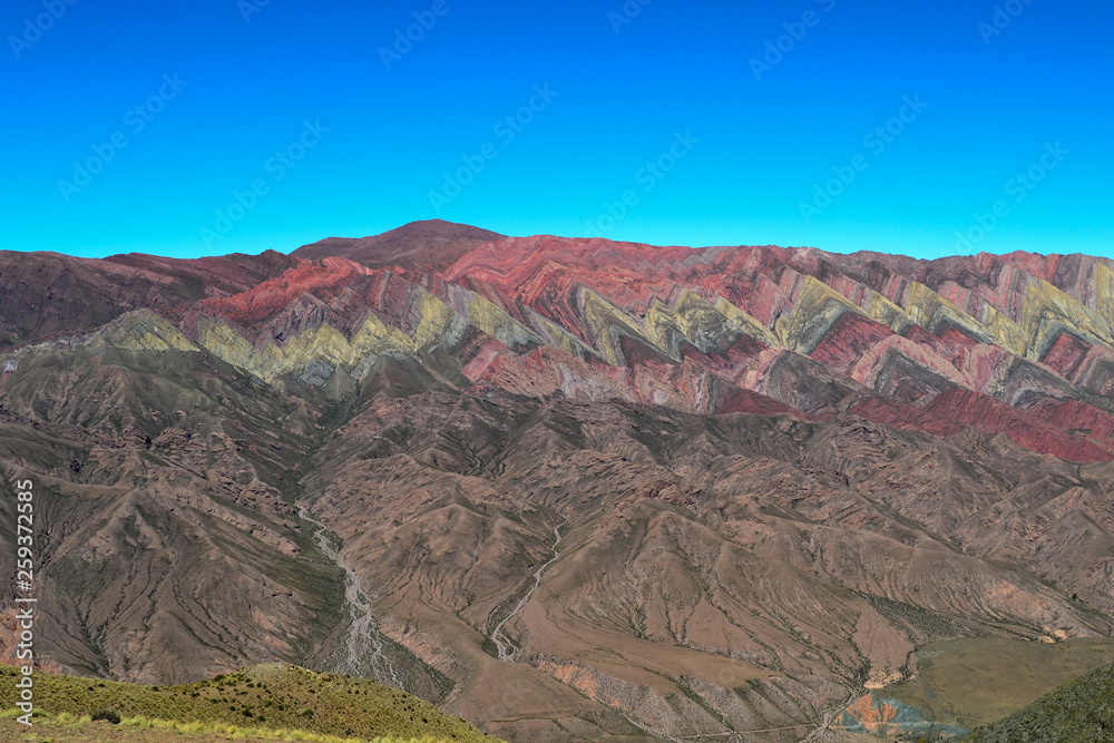 Cerro Hornocal, Jujuy, Argentina March 15th 2019: The mountain of 14 colours is one of the most famous touristic attractions in North Argentinian Region, close to Bolivia.