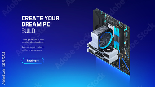 Gaming, workstation and mining computer isometric illustration, custom assembly computer components for workstation, pc store and service