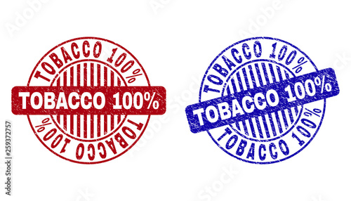 Grunge TOBACCO 100 Percents round stamp seals isolated on a white background. Round seals with distress texture in red and blue colors.