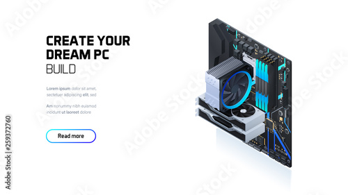 Gaming, workstation and mining computer isometric illustration, custom assembly computer components for workstation, pc store and service