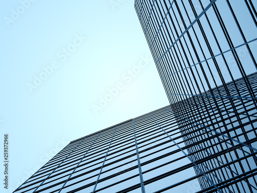 3D stimulate of high rise curve glass building and dark steel window system on blue clear sky background,Business concept of future architecture,lookup to the angle of the corner building. photo