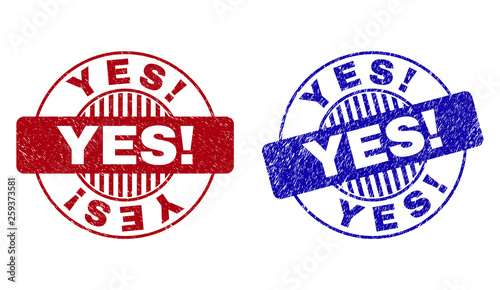 Grunge YES Exclamation round stamp seals isolated on a white background. Round seals with grunge texture in red and blue colors. Vector rubber imitation of YES Exclamation title inside circle form
