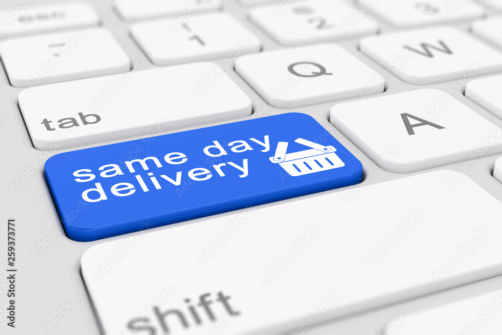 3d render of a keyboard with blue same day delivery button. 3d render of a keyboard with blue same day delivery button.