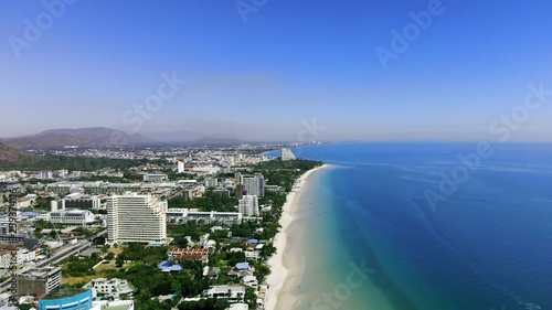 Top view of the beautiful seascape in Hua Hin in Prachuap Khiri Khan Province, Thailand, aerial view on the coastline, sea and the city of Hua Hin.