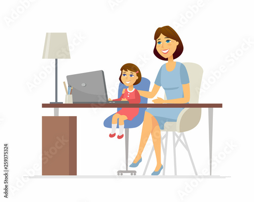Mother and daughter at the laptop - cartoon people characters illustration