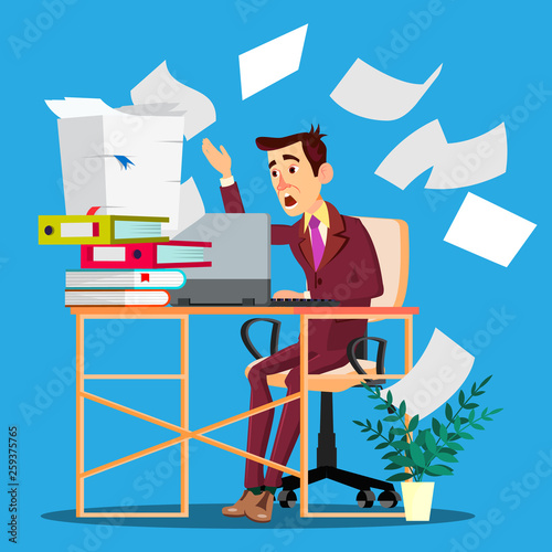 Overloaded Manager Concept. Overloaded Businessman Worker. Vector. Sad Employee. Overworked Illustration