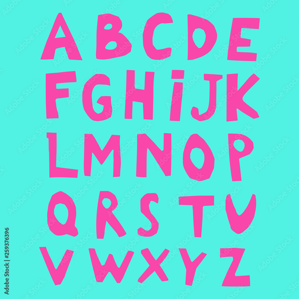 Paper Cut Alphabet. Capital letters.. Good for ecology, environment, nature, organic themed and kids designs. bright pink letters on blue background