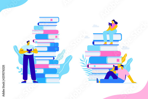 People who love to Read. Reading Books concept. People sitting and reading on a huge stack of books. Cartoon flat vector illustration isolated on white background.