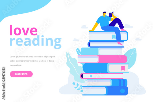 People who love to Read. Reading Books concept. Man sitting and reading on a huge stack of books. Cartoon flat vector illustration isolated on white background.