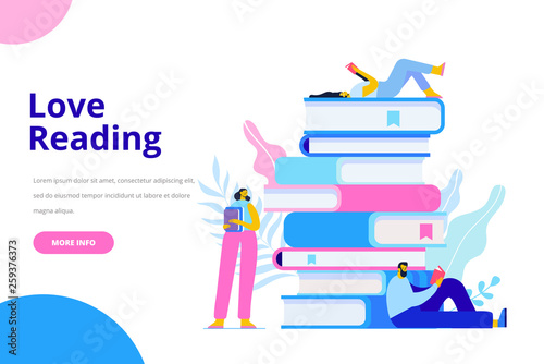 People who love to Read. Reading Books concept. People sitting and reading on a huge stack of books. Cartoon flat vector illustration isolated on white background.