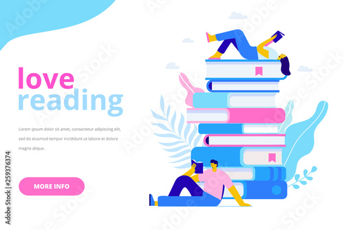 People who love to Read. Reading Books concept. People sitting and reading on a huge stack of books. Cartoon flat vector illustration isolated on white background.
