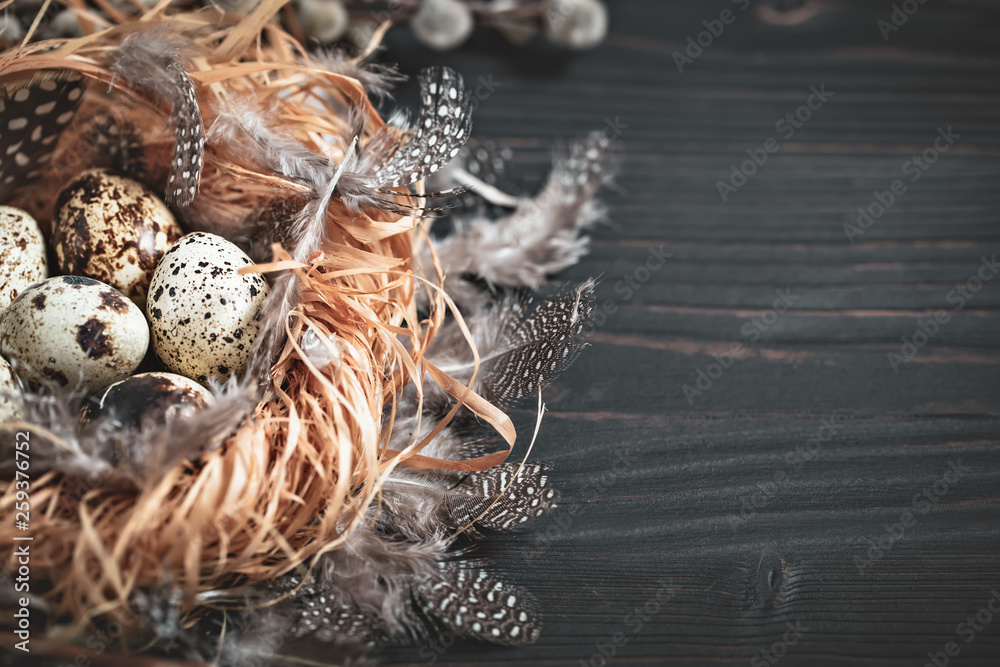 Quail eggs on old wooden background. Happy Easter. Top view. Free copy space. Selective focus. Quail eggs on old wooden background. Happy Easter. Top view. Free copy space. Selective focus.