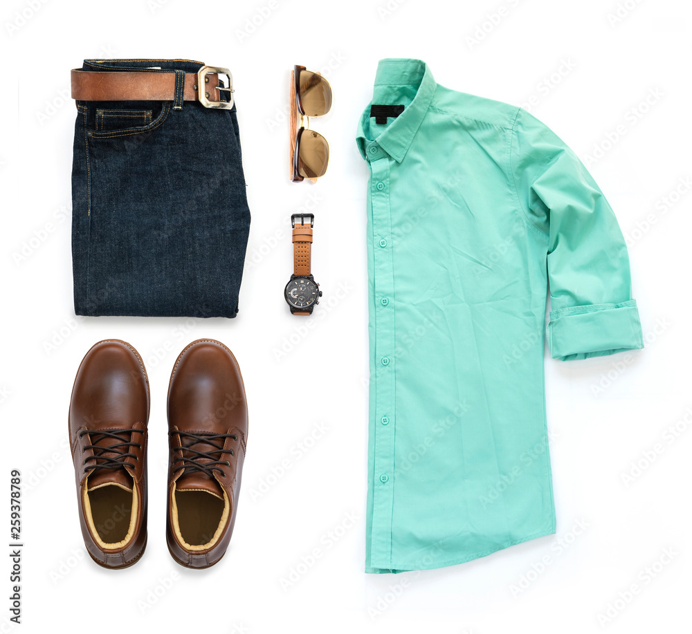 Men clothing set with brown ankle boot , watch, blue jeans and green shirt  isolated on a white background, Top view Stock Photo | Adobe Stock