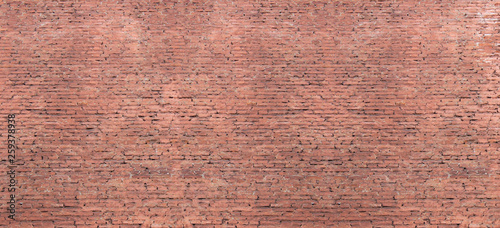 Brick wall pattern background with empty opy space. Elongated old red brickwork texture of vintage grunge house wall front, rough masonry wide backdrop and panorama 