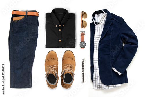 Men's casual outfits set with yellow boots , watch,  jeans, belt, wallet, sunglasses, office shirt, blue jacket, bracelet and bracelet isolated on a white background, Top view