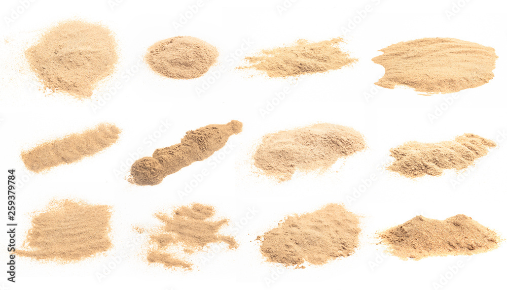 Set of brown sand on white background. grain of sand. Set of brown sand on white background. grain of sand.