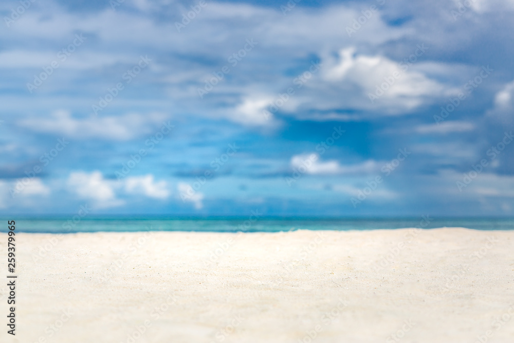 Minimal beach scenery, white sand, blue sky and sea with view. Beautiful tropical landscape