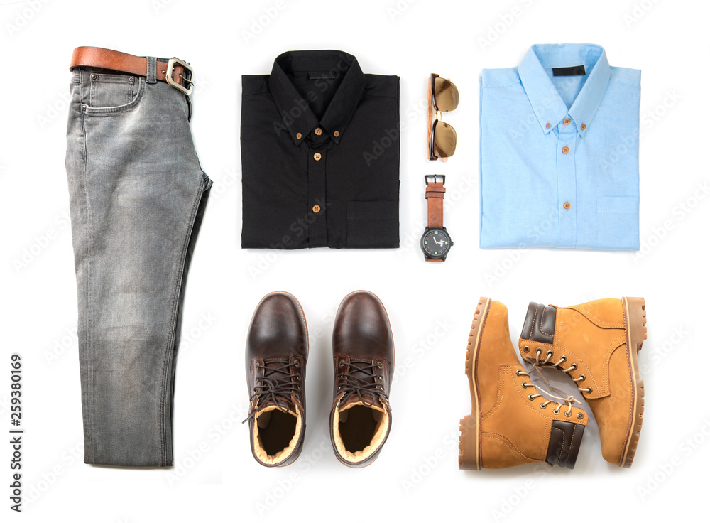Men's casual outfits for man clothing with brown boot , watch, blue jeans,  belt, wallet, sunglasses, office shirt and bracelet isolated on white  background, Top view Stock Photo | Adobe Stock