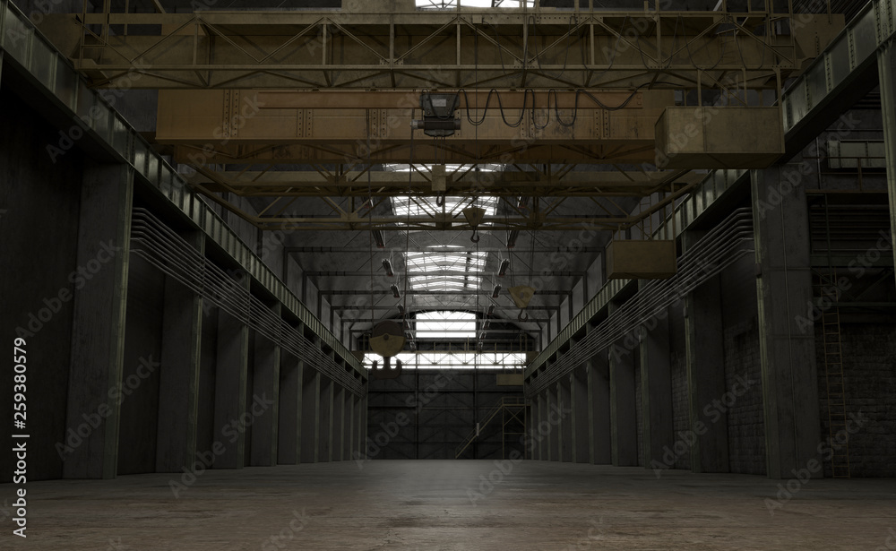 Old industrial factory background. Low angle view. 3D render Old industrial factory background. Low angle view. 3D render
