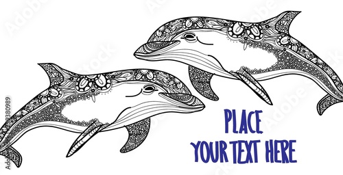 The bottlenose dolphin. Meditative coloring. Mandala, dudling drawing. Drawing by hand. Coloring for children. Points, stripes, arrows.