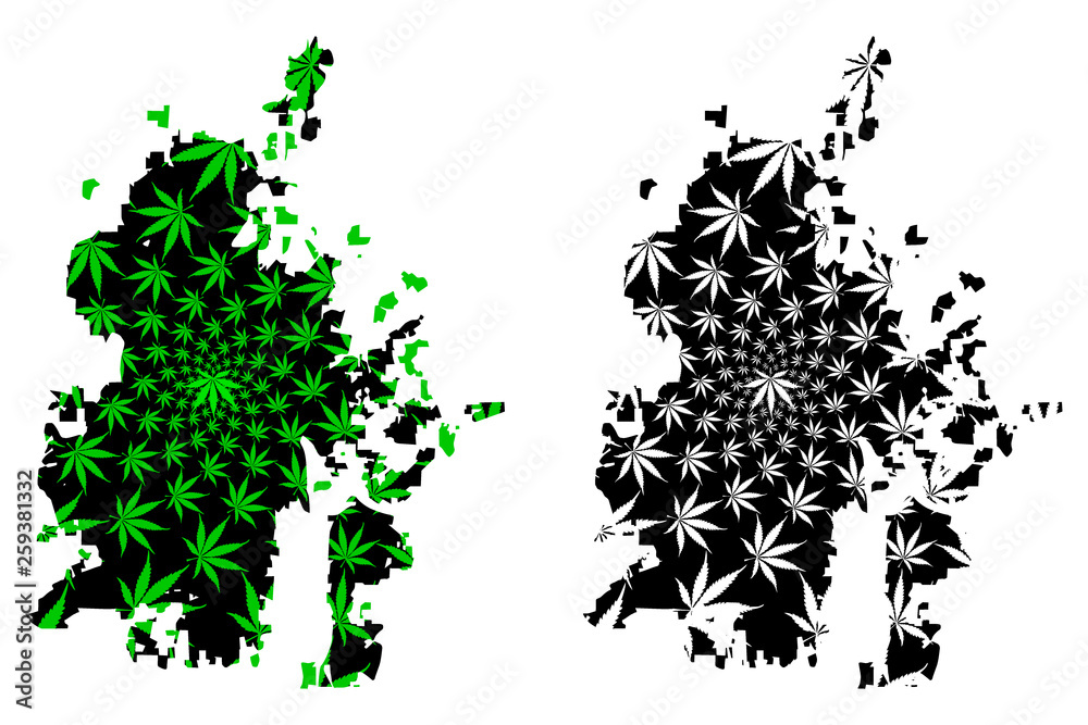 Obraz premium Durham city (United States of America, USA, U.S., US, United States cities, usa city)- map is designed cannabis leaf green, City of Durham map made of marijuana (marihuana,THC) foliage,