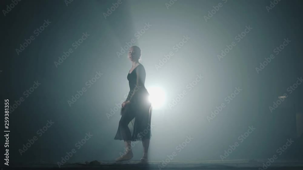 Graceful professional ballerina dancing in ballet shoes and black dress in the studio in spotlight on a black background. Young ballet dancer performing dancing elements of classical ballet. Graceful professional ballerina dancing in ballet shoes and black dress in the studio in spotlight on a black background. Young ballet dancer performing dancing elements of classical ballet.