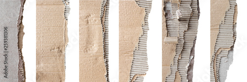 Set of Brown corrugated texture paper torn on white background. rip of cardboard sheet used as a background .