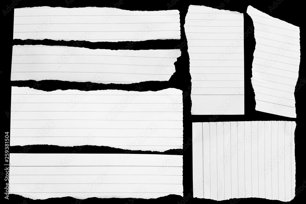 Set of white torn paper on black background. collection paper rip. Set of paper different shapes scraps isolated on black background