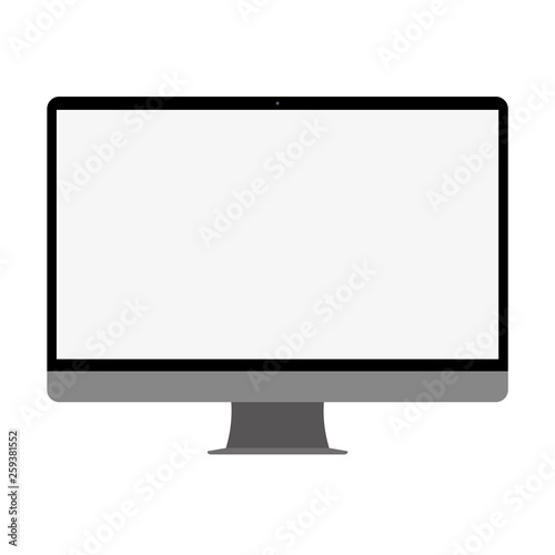 Black  desktop  PC computer with grey screen. Computer PC desktop with blank screen, front view. Desctop pc, computer front view, vector.