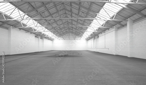 Clean white hangar background. Low angle view. 3D rendering