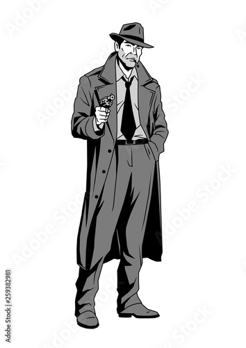 Noir private detective with a gun, cartoon, character, design, color, illustration, vector