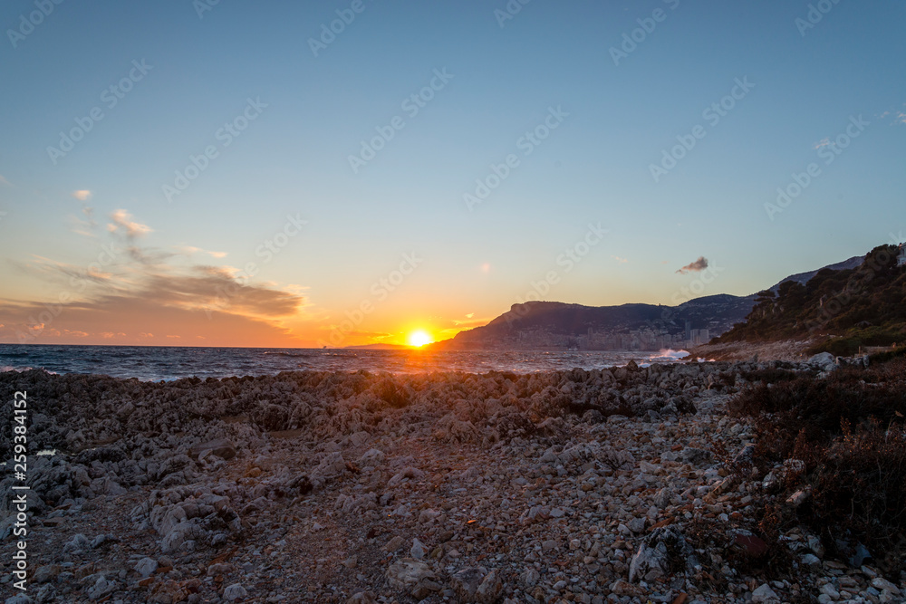 The bay of Montecarlo Monaco at sunset from Cap Martin in a sunny winter day The bay of Montecarlo Monaco at sunset from Cap Martin in a sunny winter day