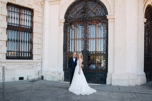 Schilderij op canvas Groom and bride neat the big door of great palace