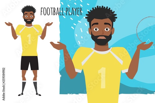 Young black african american football player doubt, no ideas. Emotion of uncertainty and confusion on soccer player face